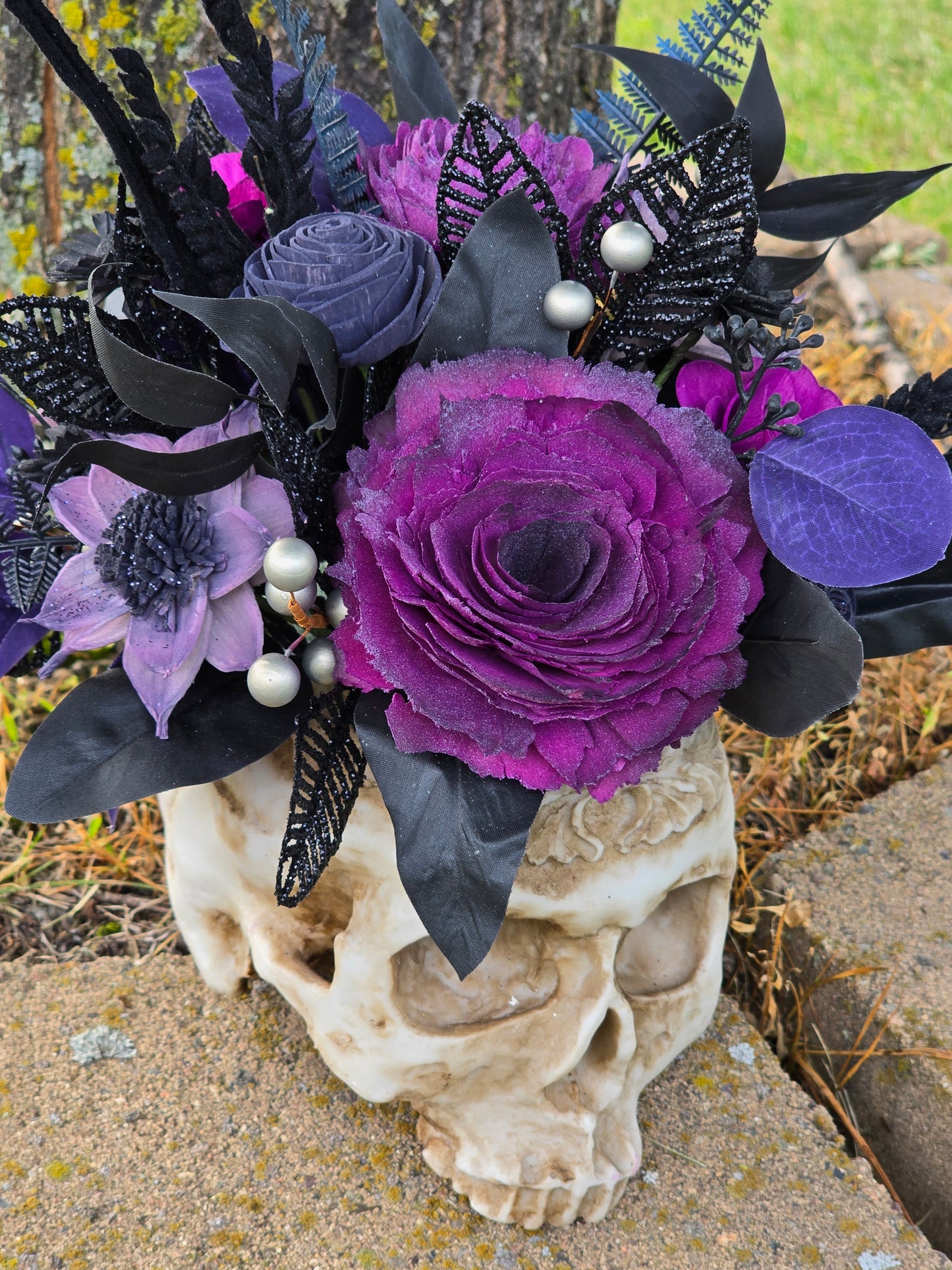 Embossed Skull with Purple and Black Roses