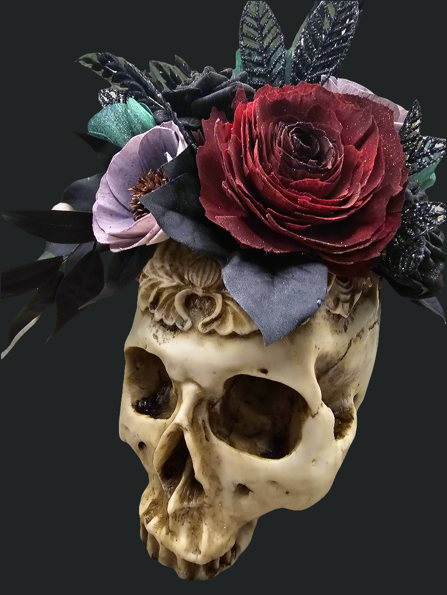 Embossed Skull with Roses and Poppies