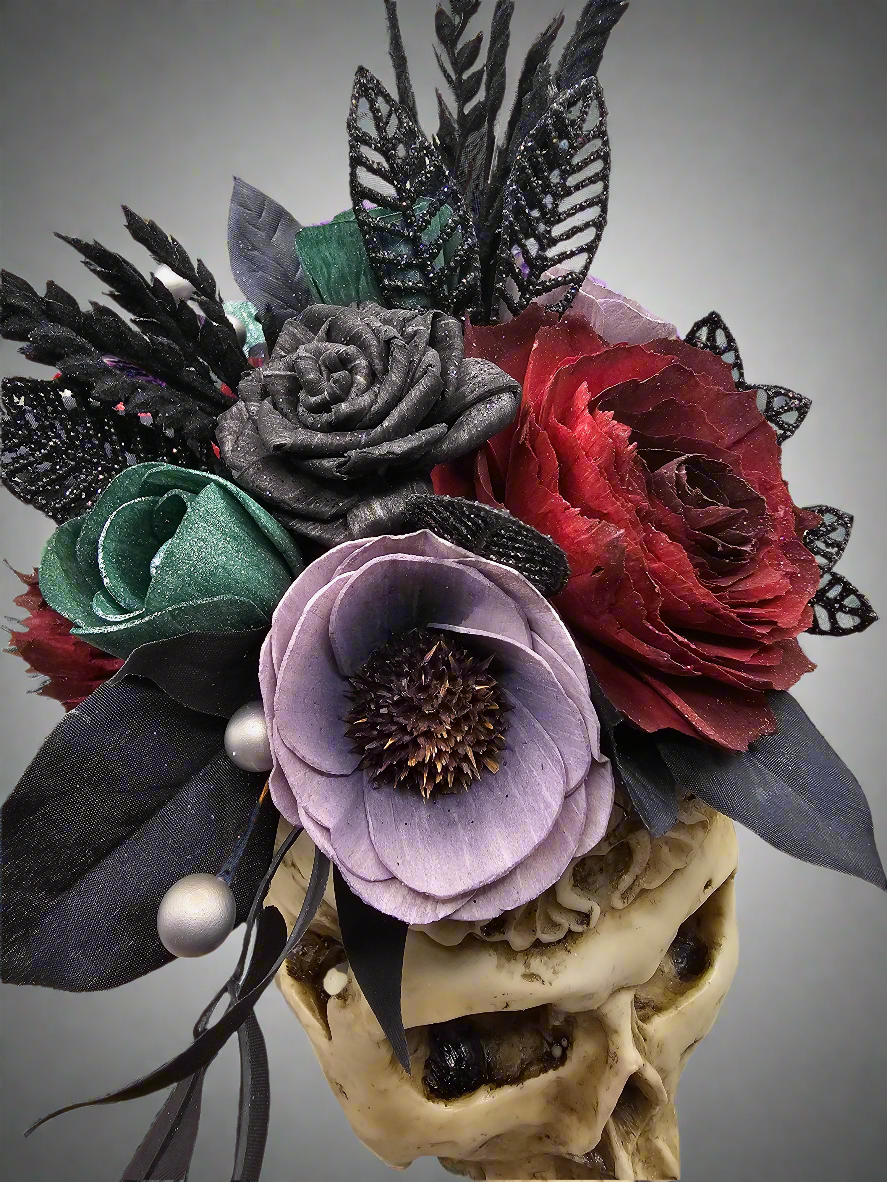 Embossed Skull with Roses and Poppies