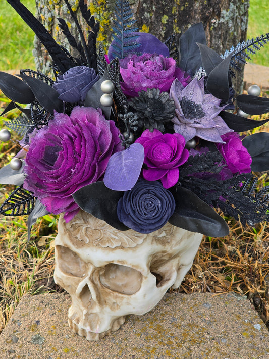 Embossed Skull with Purple and Black Roses